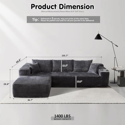 104 L-Shape Cloud Sectional Sofa - Modular Deep Seat Couch for Living Room & Bedroom, No Assembly