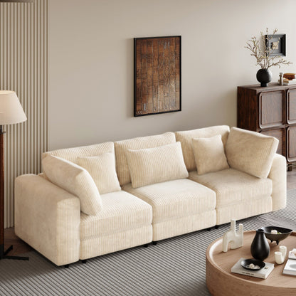 105 Corduroy Upholstered 3-seater Sofa with Removable Back Cushions and 5 Pillows for Living Room