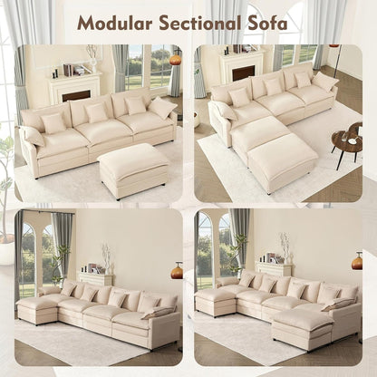 108 L-Shaped Modular Sectional Sofa - 3-Seater Cloud Couch with Movable Ottoman & Deep Seating, Beige Linen Fabric