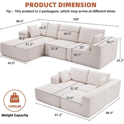 108 Modular Cloud Sectional Sofa - Deep Seat L-Shape Couch with Chaise, Upholstered Living Room & Bedroom Sofa