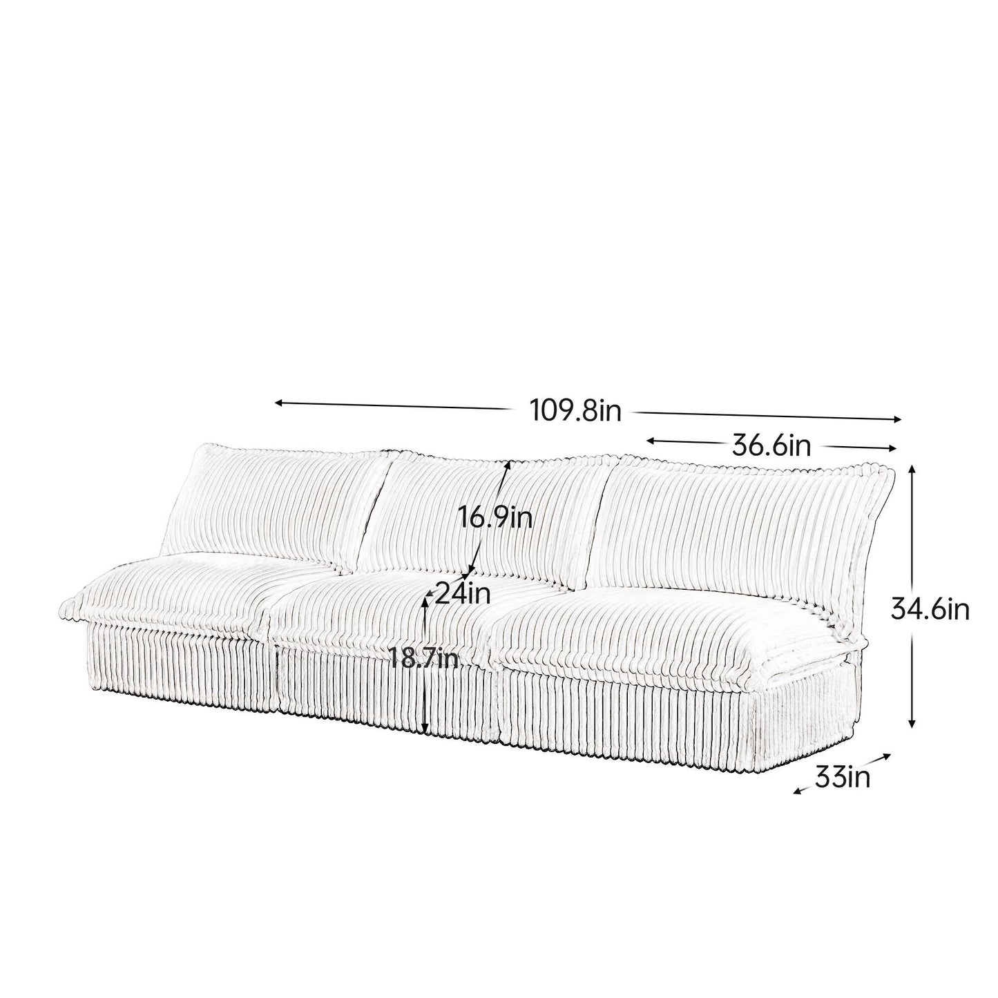 109.8 Corduroy Armless 3-Seater Sofa for living room and bedroom