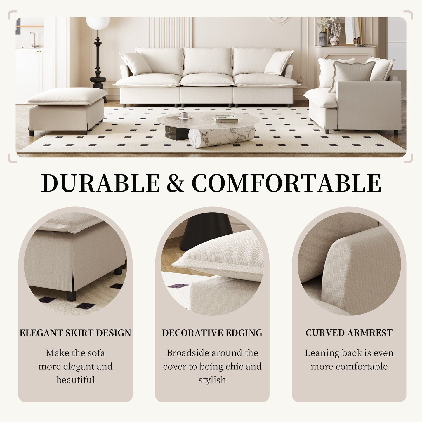 3 Piece Living Room Sofa Set,Modular L Shaped Chenille Sectional Couch,Upholstered 3 Seater Sofa & Armchair & Movable Ottoman
