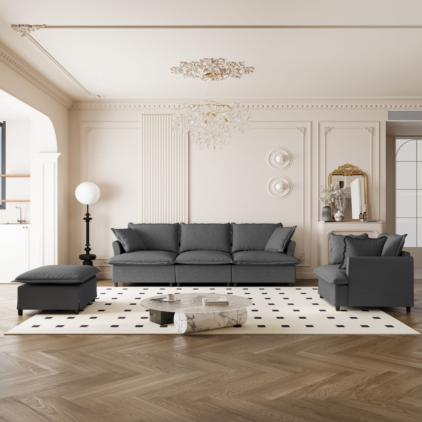 3 Piece Living Room Sofa Set,Modular L Shaped Chenille Sectional Couch,Upholstered 3 Seater Sofa & Armchair & Movable Ottoman