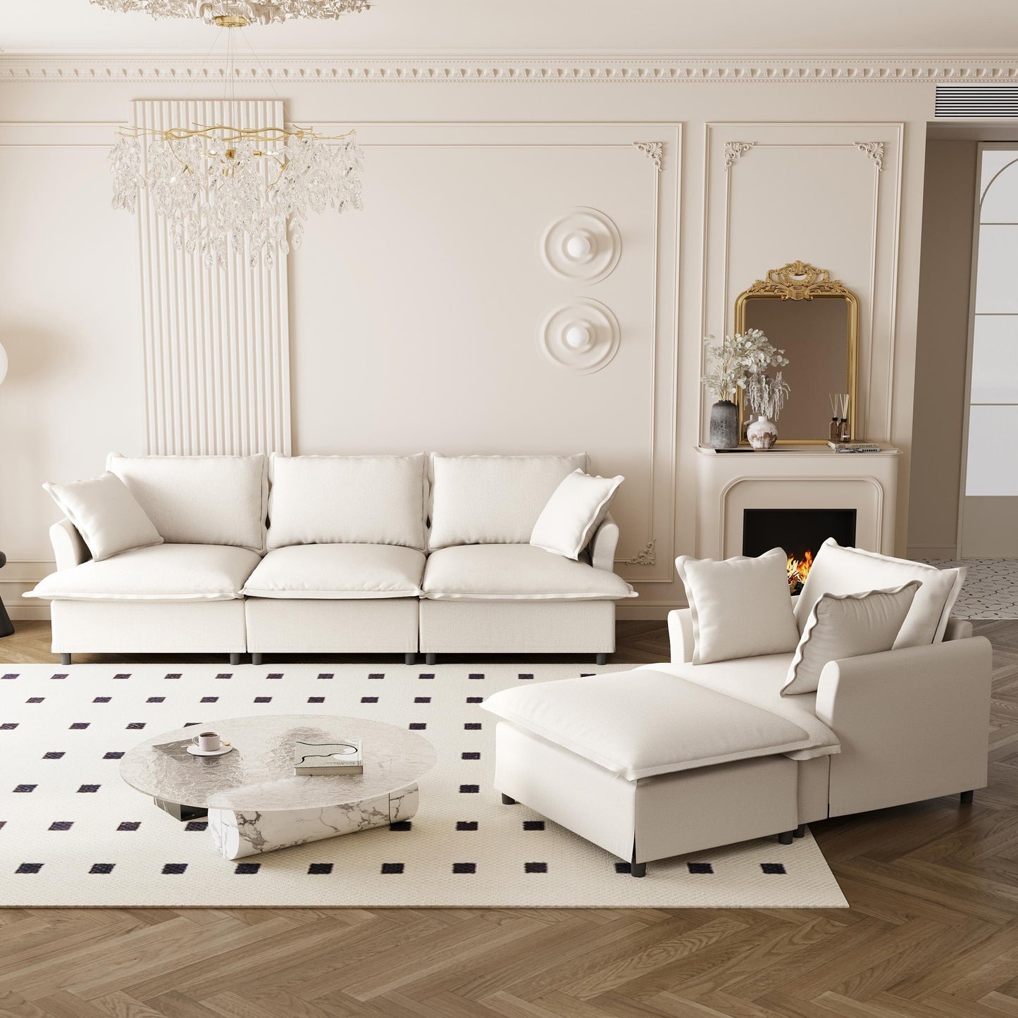 3 Piece Living Room Sofa Set,Modular L Shaped Chenille Sectional Couch,Upholstered 3 Seater Sofa & Armchair & Movable Ottoman