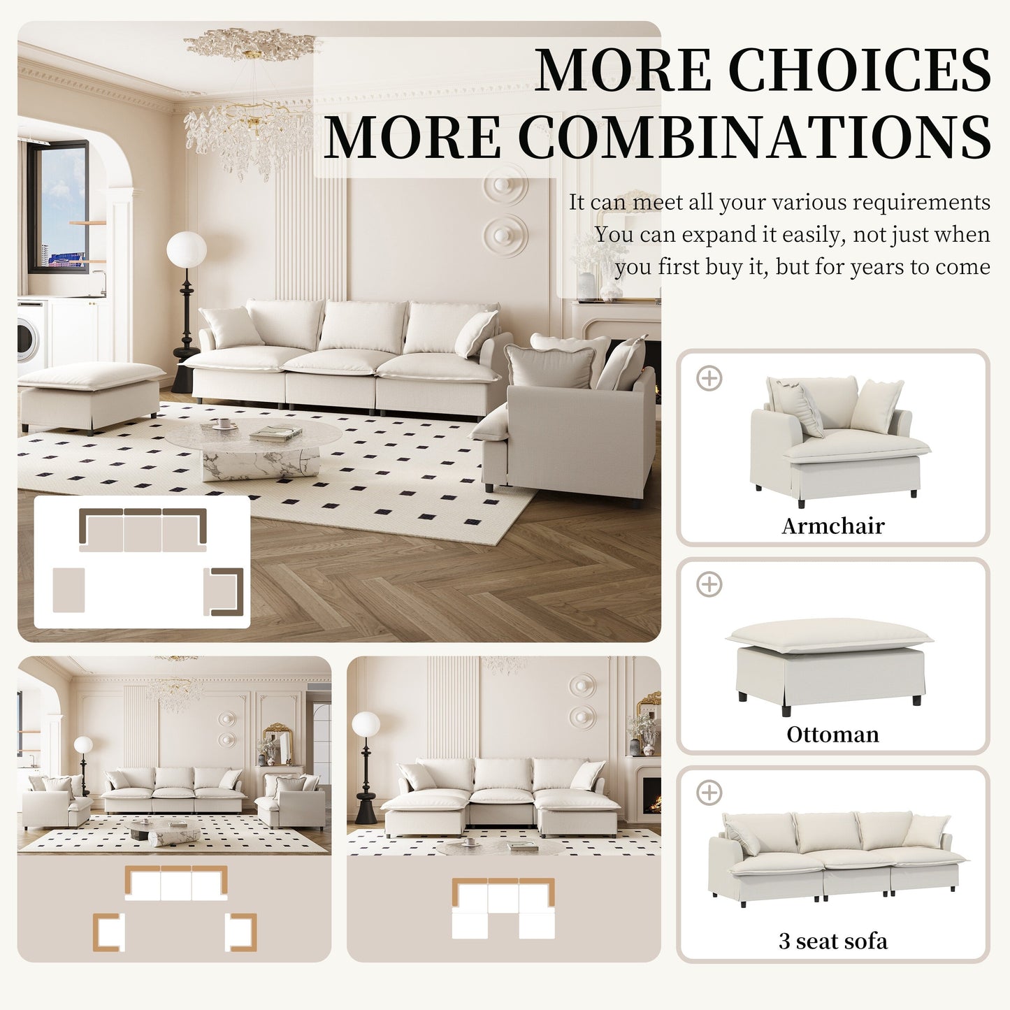 3 Piece Living Room Sofa Set,Modular L Shaped Chenille Sectional Couch,Upholstered 3 Seater Sofa & Armchair & Movable Ottoman