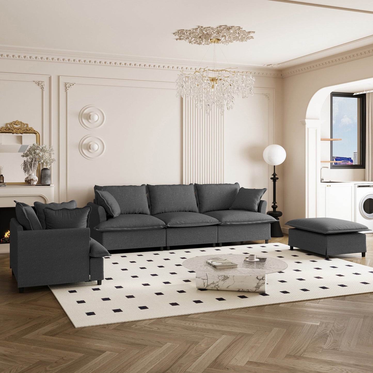3 Piece Living Room Sofa Set,Modular L Shaped Chenille Sectional Couch,Upholstered 3 Seater Sofa & Armchair & Movable Ottoman
