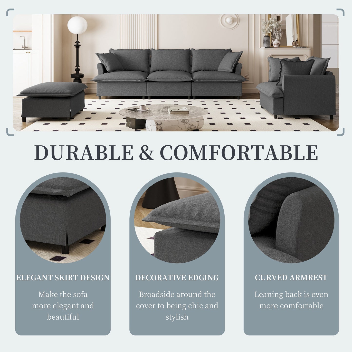 3 Piece Living Room Sofa Set,Modular L Shaped Chenille Sectional Couch,Upholstered 3 Seater Sofa & Armchair & Movable Ottoman