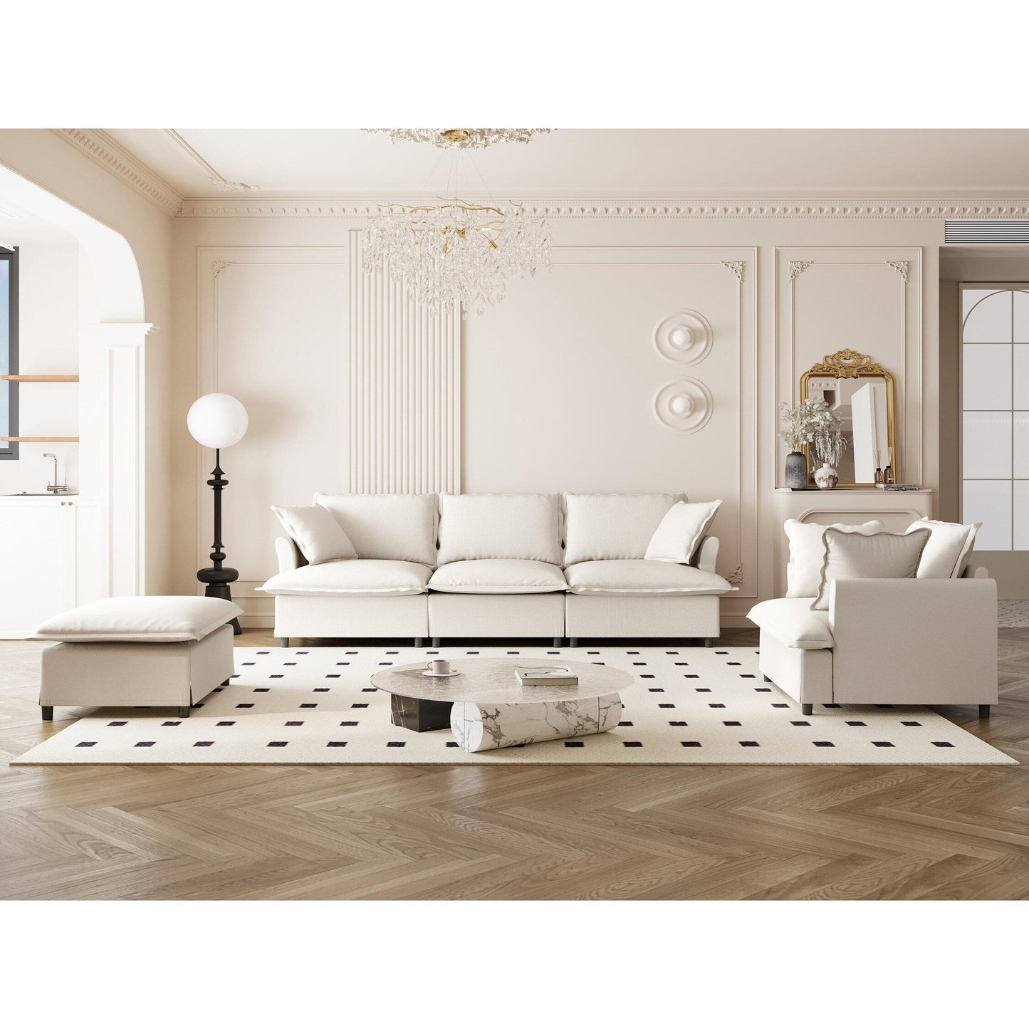 3 Piece Living Room Sofa Set,Modular L Shaped Chenille Sectional Couch,Upholstered 3 Seater Sofa & Armchair & Movable Ottoman