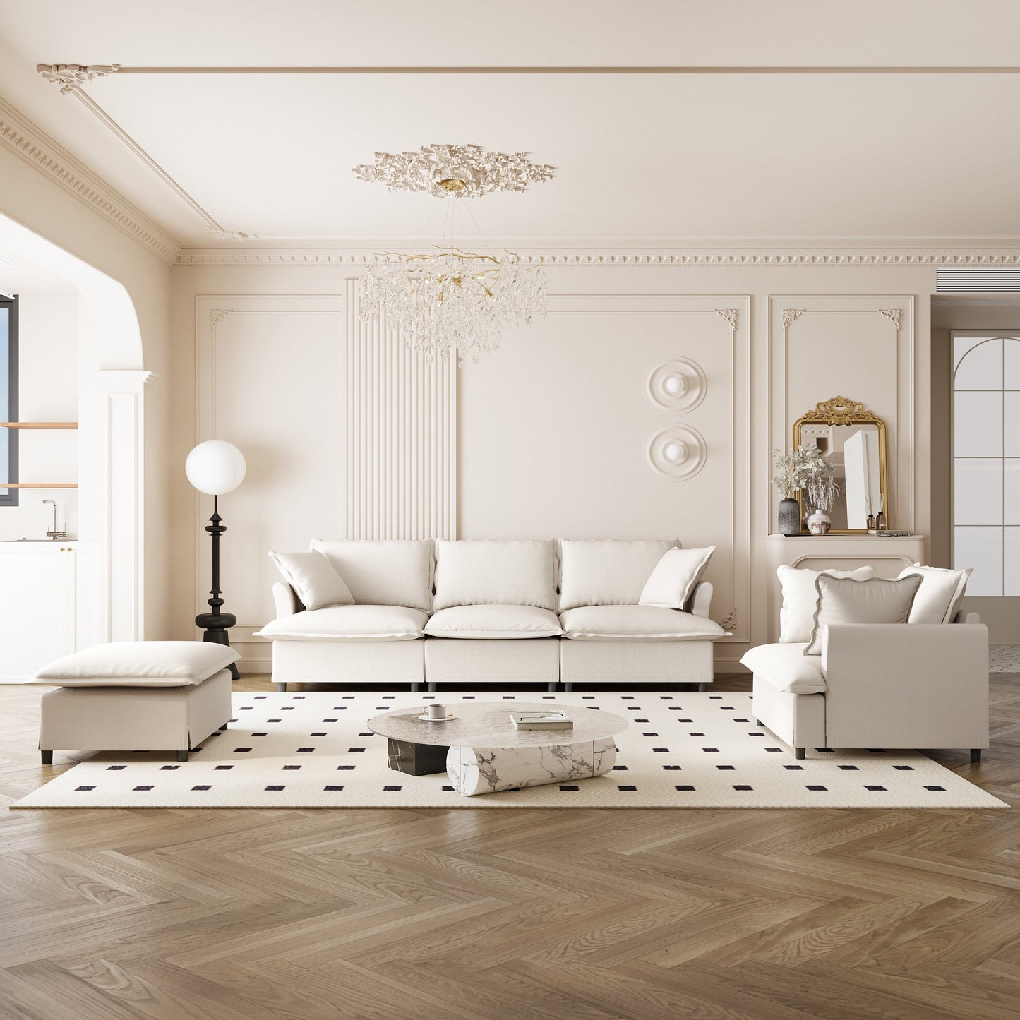 3 Piece Living Room Sofa Set,Modular L Shaped Chenille Sectional Couch,Upholstered 3 Seater Sofa & Armchair & Movable Ottoman