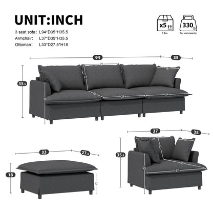 3 Piece Living Room Sofa Set,Modular L Shaped Chenille Sectional Couch,Upholstered 3 Seater Sofa & Armchair & Movable Ottoman