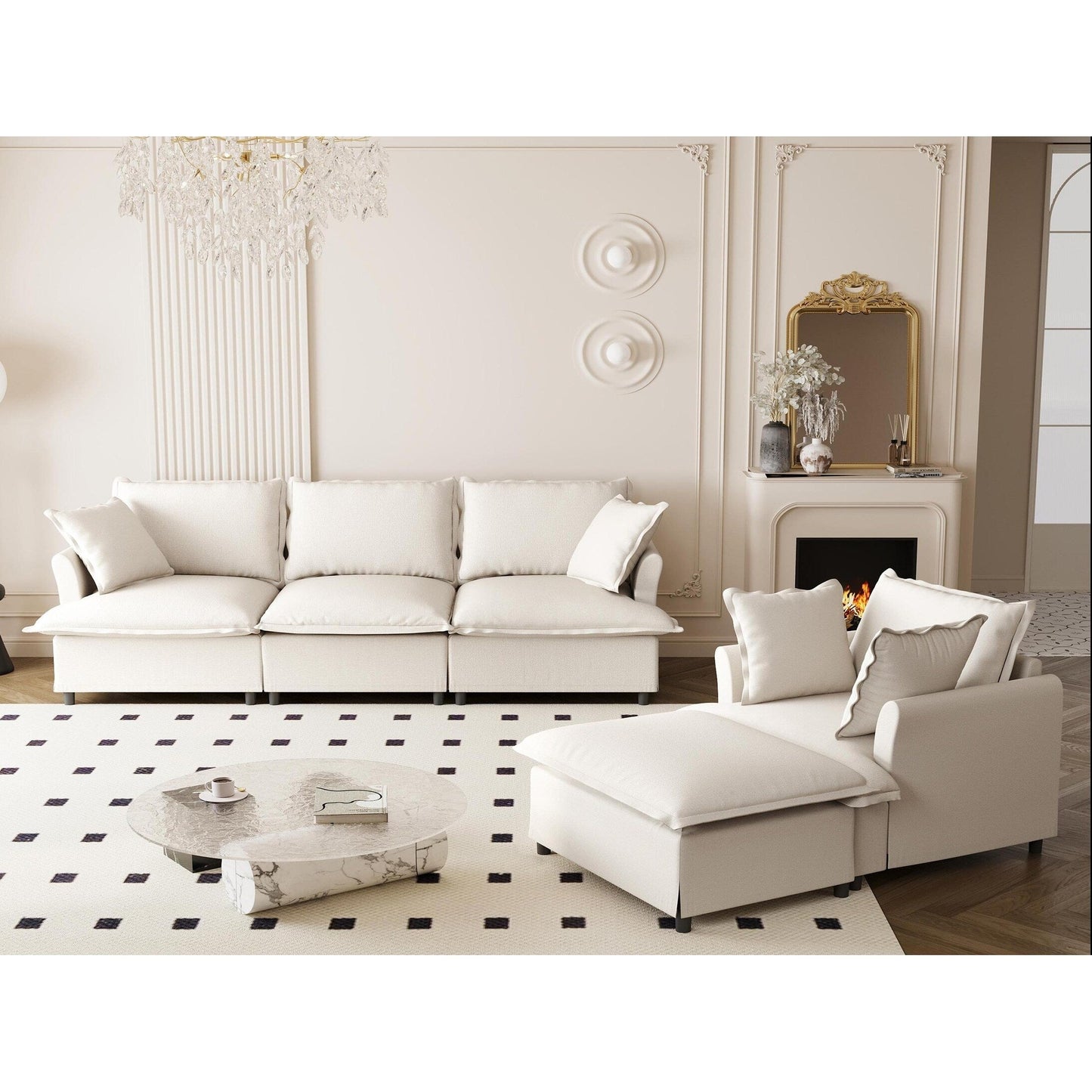 3 Piece Living Room Sofa Set,Modular L Shaped Chenille Sectional Couch,Upholstered 3 Seater Sofa & Armchair & Movable Ottoman