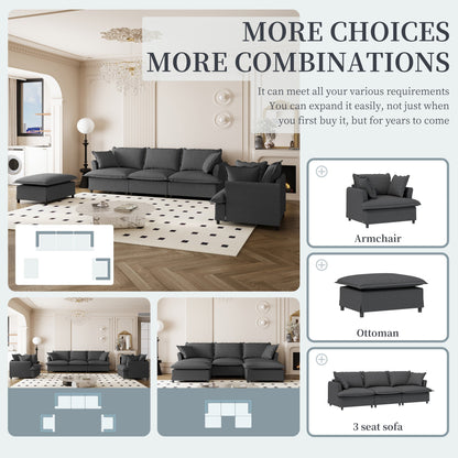 3 Piece Living Room Sofa Set,Modular L Shaped Chenille Sectional Couch,Upholstered 3 Seater Sofa & Armchair & Movable Ottoman