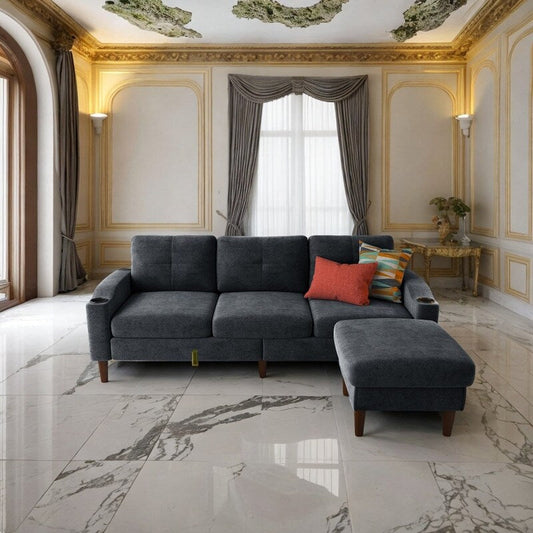 3-Seat Combo L-Shaped Sofa with Storage Cabinet Footstool For Living Room, Dark Grey