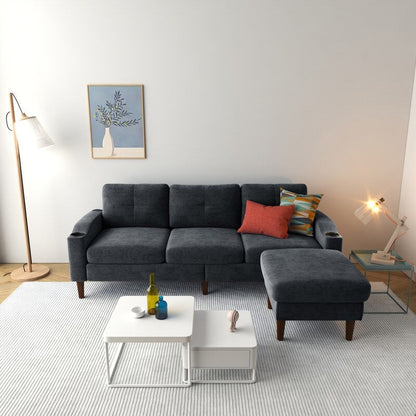 3-Seat Combo L-Shaped Sofa with Storage Cabinet Footstool For Living Room, Dark Grey