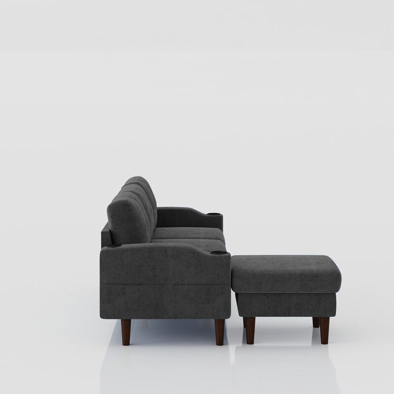 3-Seat Combo L-Shaped Sofa with Storage Cabinet Footstool For Living Room, Dark Grey