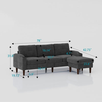 3-Seat Combo L-Shaped Sofa with Storage Cabinet Footstool For Living Room, Dark Grey