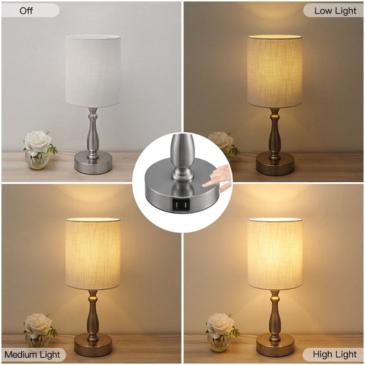 3-Way Dimmable Touch Control Small Table Lamp with 2 USB Port, Brushed Steel