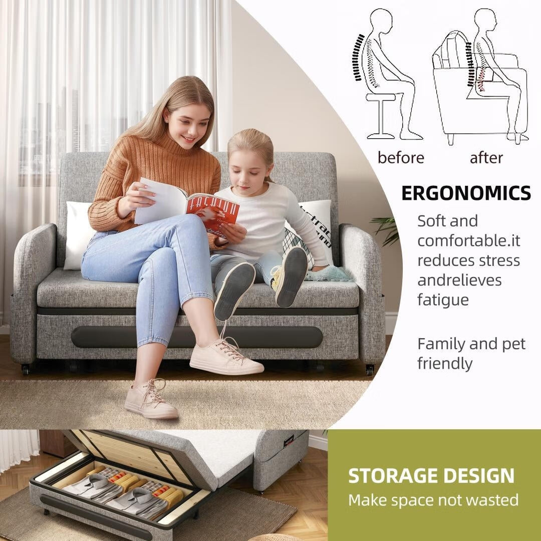 4 in 1 Convertible Sofa Bed with Hidden Storage Modern Sleeper Chair for Small Spaces, Dorms, and Home Offices