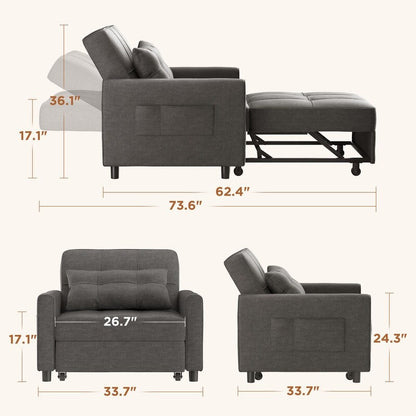 3 in 1 Pull Out Sleeper Sofa Bed, Convertible Modern Adjustable Upholstered Sleeper Chair Sofa