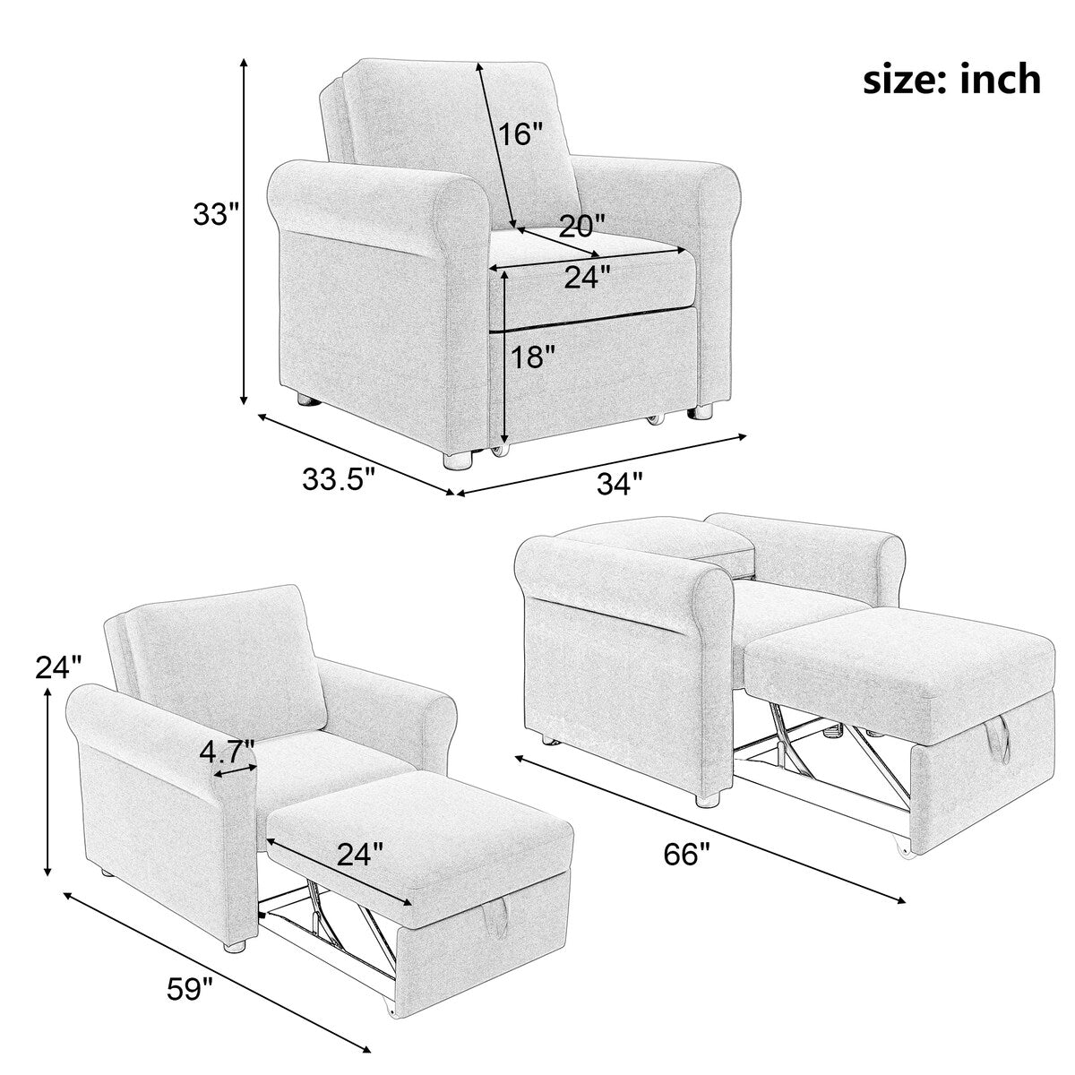 3-in-1 Sofa Bed Chair Convertible Sleeper Chair Bed Sofa Lounger Chair