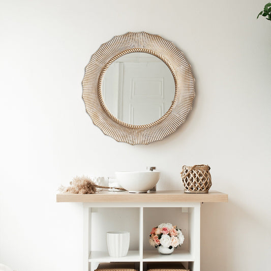 30-in Bohemian Beige Round Wooden Decorative Bathroom Vanity Wall Mirror