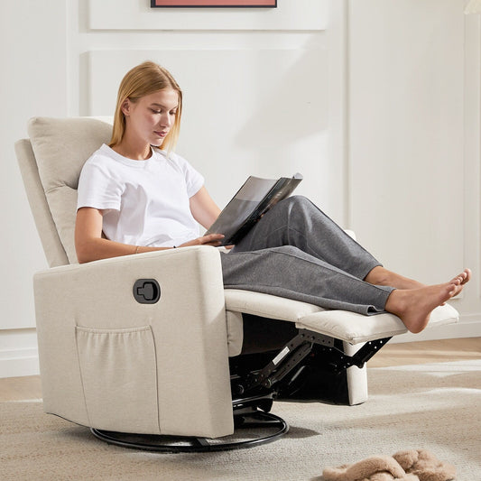 360 Swivel Glider Chair Linen Upholstery Manual Recliner Chair Adjustable Single Sofa for Nursery Living Room or Bedroom