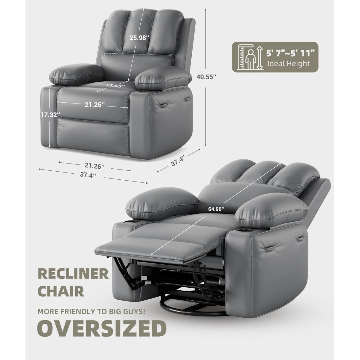360° Swivel Oversized Recliner Chairs with Heat and Massage