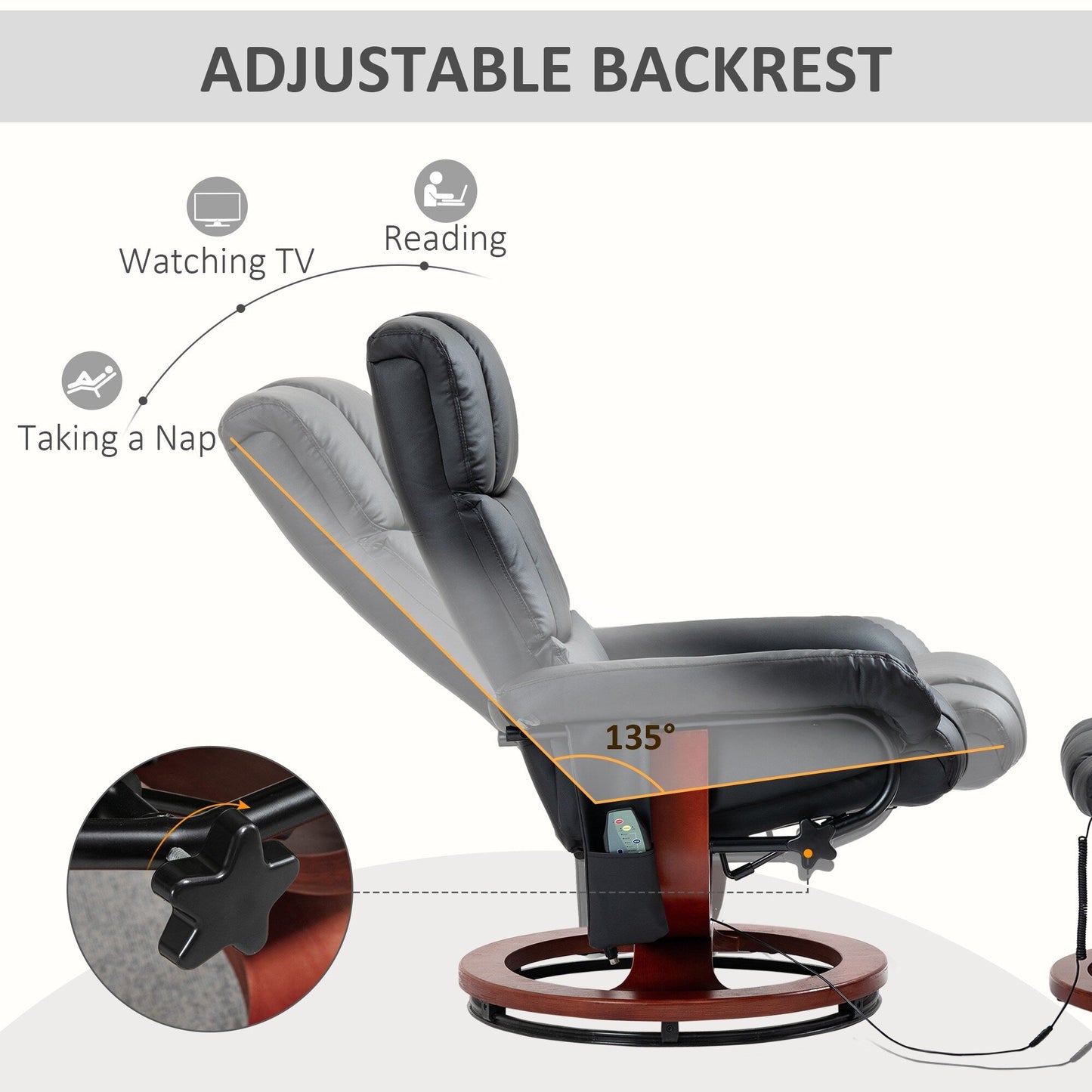 360Â° Swivel Reclining Massage Chair PU Leather Sofa Chair with Ottoman, 10 Point Vibration, Remote and Side Pocket