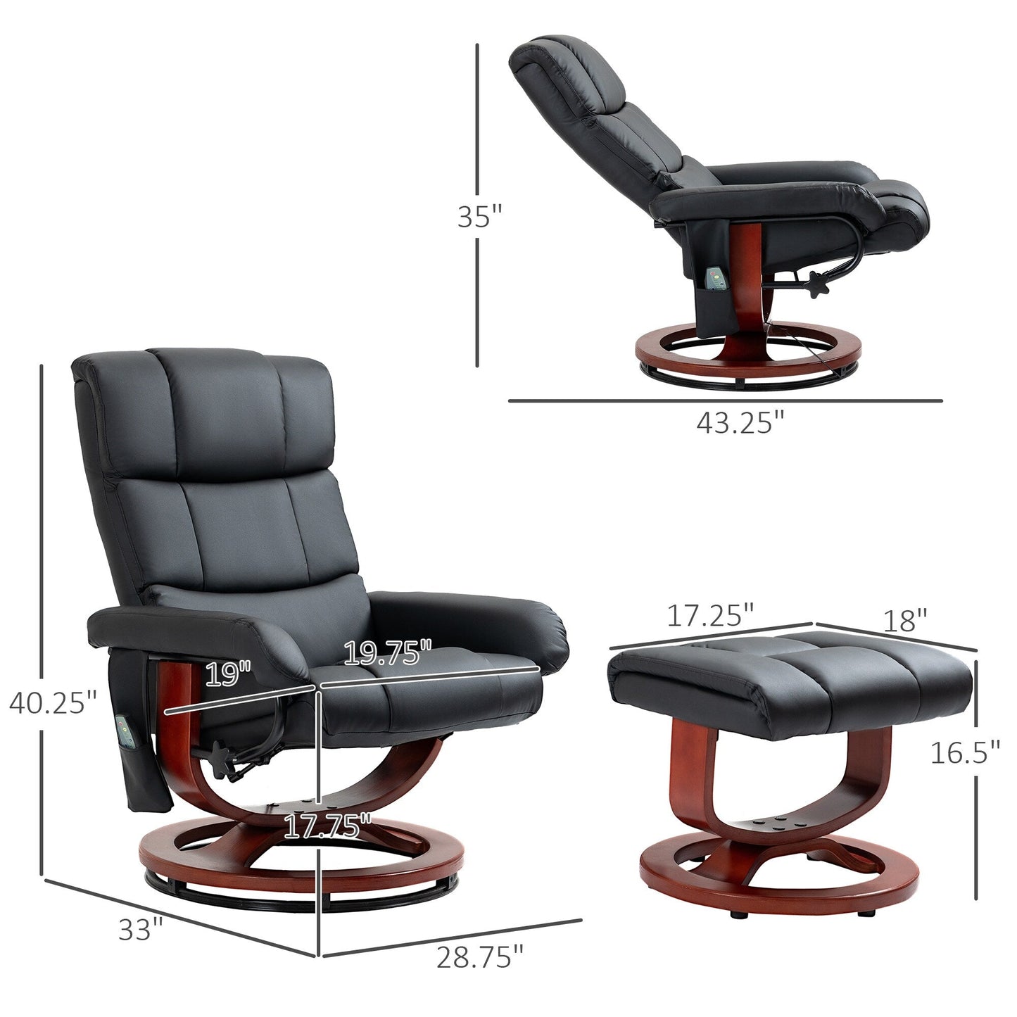 360Â° Swivel Reclining Massage Chair PU Leather Sofa Chair with Ottoman, 10 Point Vibration, Remote and Side Pocket