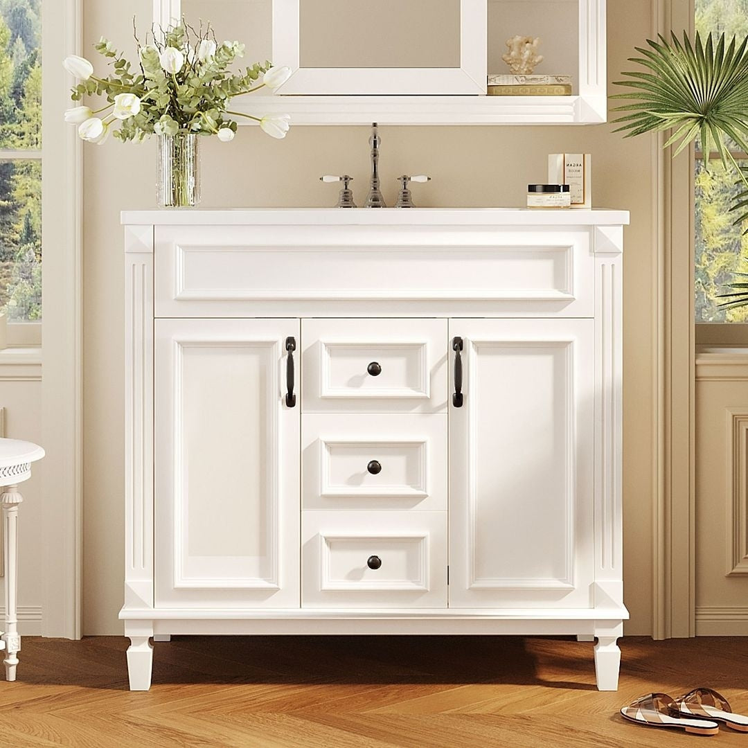 36'' Modern Bathroom Vanity with Top Sink and Mirror Cabinet,2 Doors and 2 Drawers