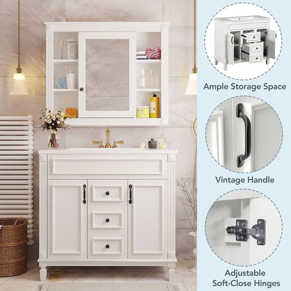 36'' Modern Bathroom Vanity with Top Sink and Mirror Cabinet,2 Doors and 2 Drawers