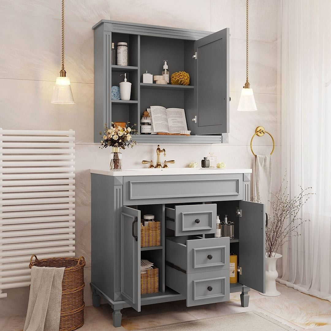 36'' Modern Bathroom Vanity with Top Sink and Mirror Cabinet,2 Doors and 2 Drawers