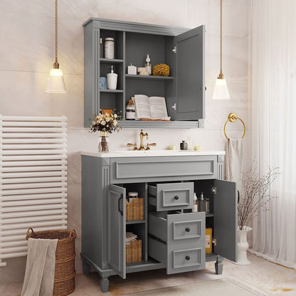 36'' Modern Bathroom Vanity with Top Sink and Mirror Cabinet,2 Doors and 2 Drawers