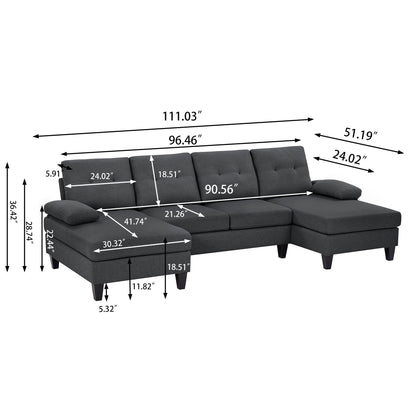 4 Seat U Shaped Sectional Sofa Couch with Double Chaise for Living Room