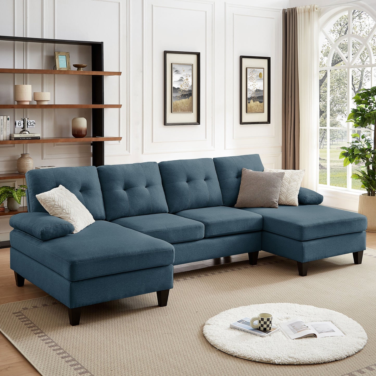 4 Seat U Shaped Sectional Sofa Couch with Double Chaise for Living Room