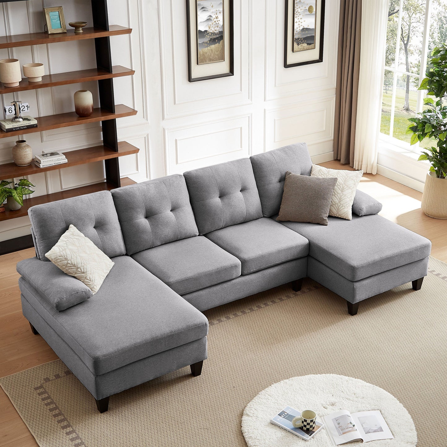 4 Seat U Shaped Sectional Sofa Couch with Double Chaise for Living Room