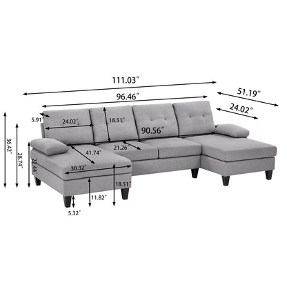 4 Seat U Shaped Sectional Sofa Couch with Double Chaise for Living Room