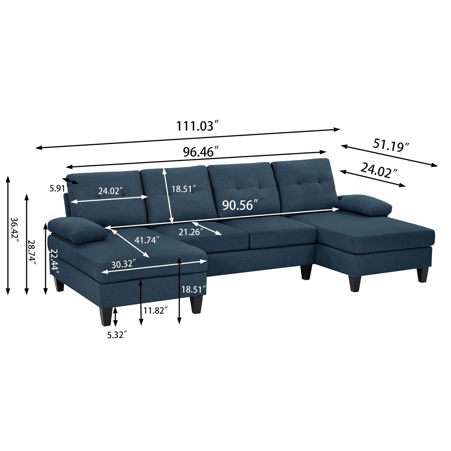 4 Seat U Shaped Sectional Sofa Couch with Double Chaise for Living Room