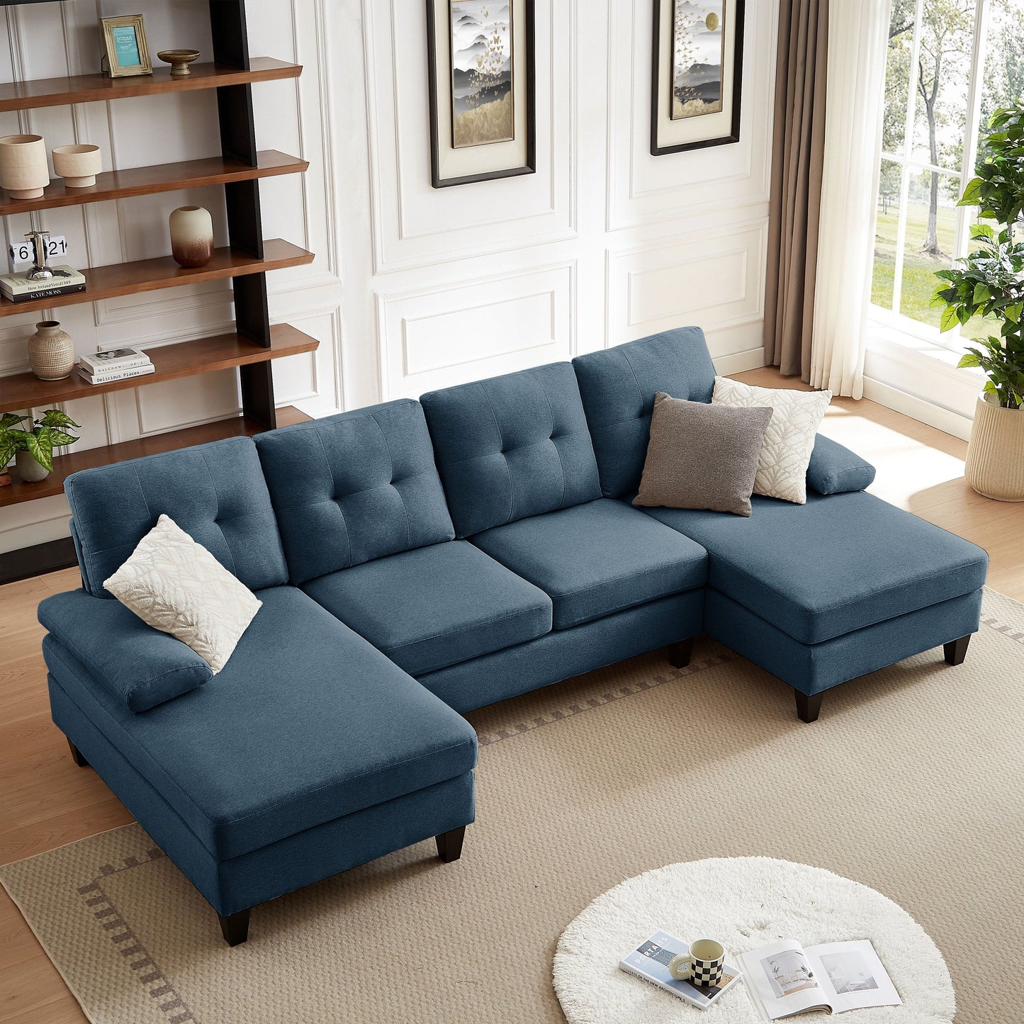 4 Seat U Shaped Sectional Sofa Couch with Double Chaise for Living Room