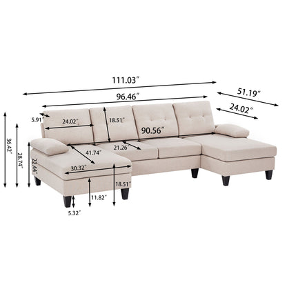 4 Seat U Shaped Sectional Sofa Couch with Double Chaise for Living Room