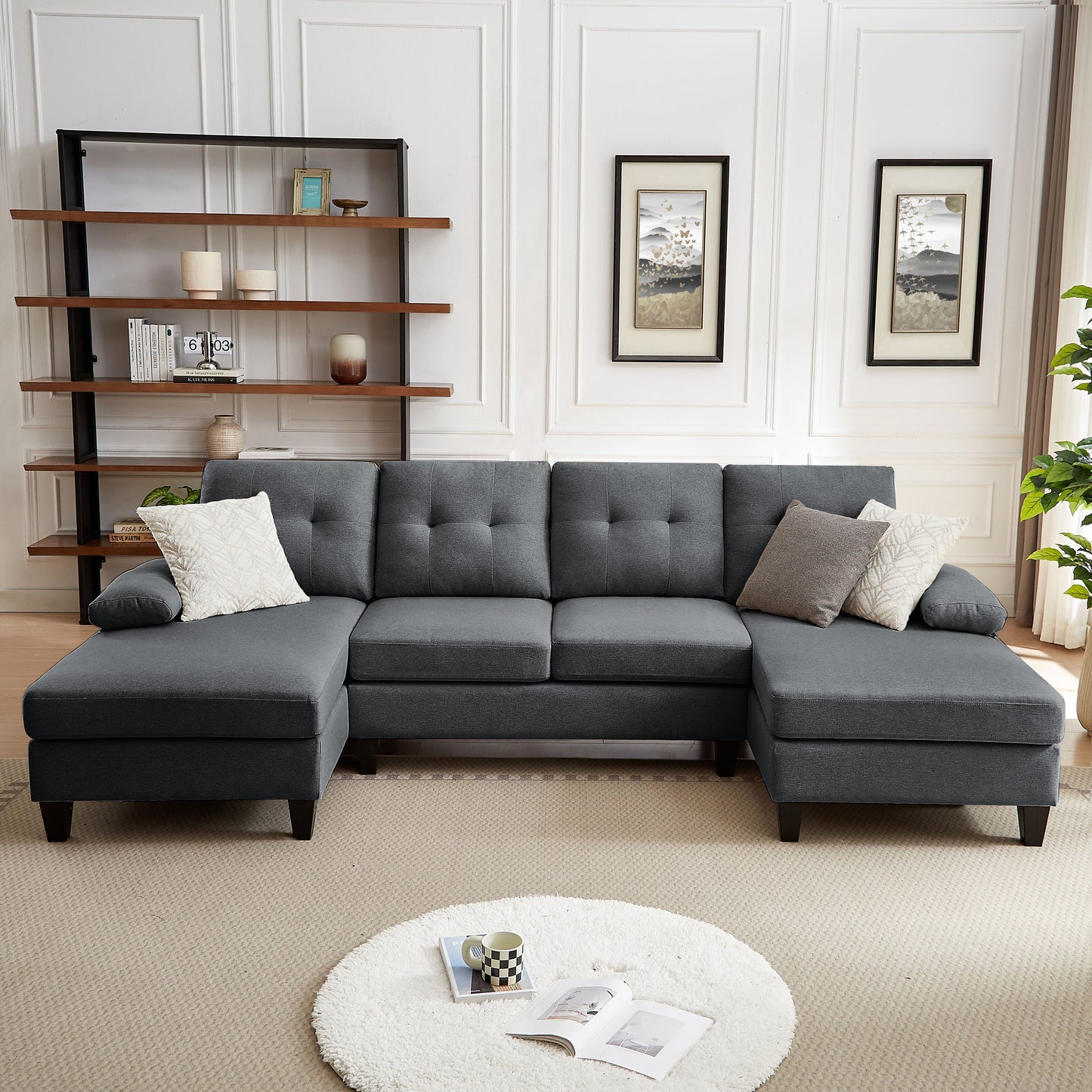 4 Seat U Shaped Sectional Sofa Couch with Double Chaise for Living Room