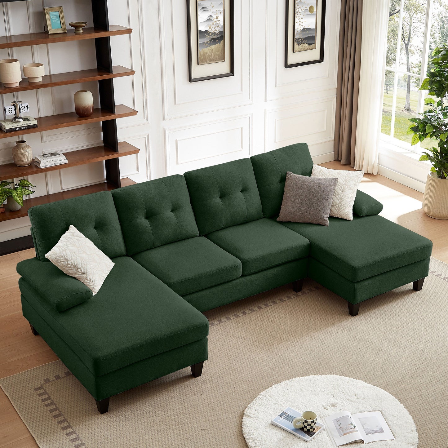 4 Seat U Shaped Sectional Sofa Couch with Double Chaise for Living Room