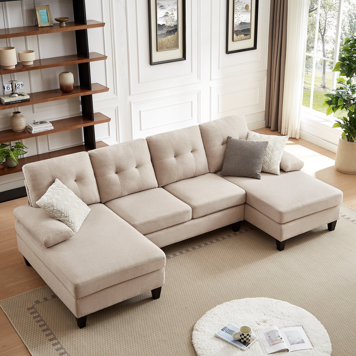 4 Seat U Shaped Sectional Sofa Couch with Double Chaise for Living Room