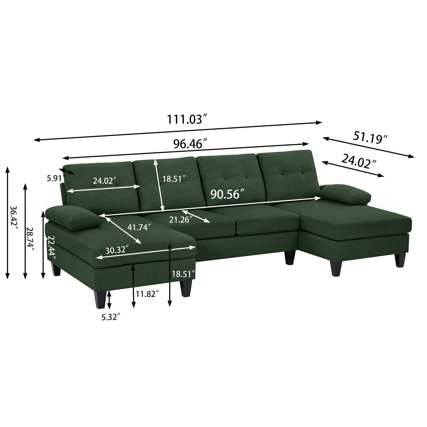 4 Seat U Shaped Sectional Sofa Couch with Double Chaise for Living Room