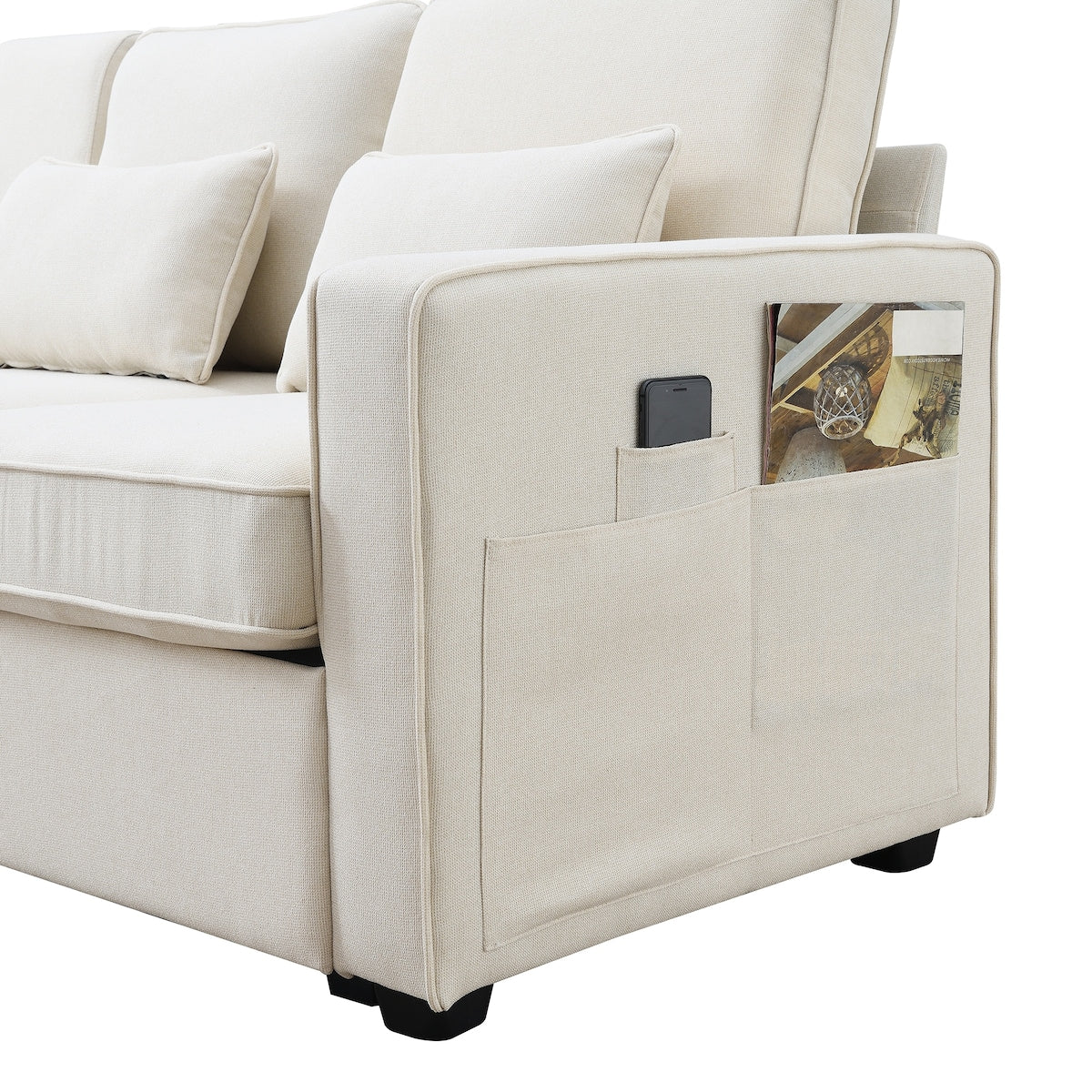 4-Seater Modern Linen Fabric Sofa with Armrest Pockets and 4 Pillows