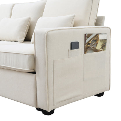 4-Seater Modern Linen Fabric Sofa with Armrest Pockets and 4 Pillows