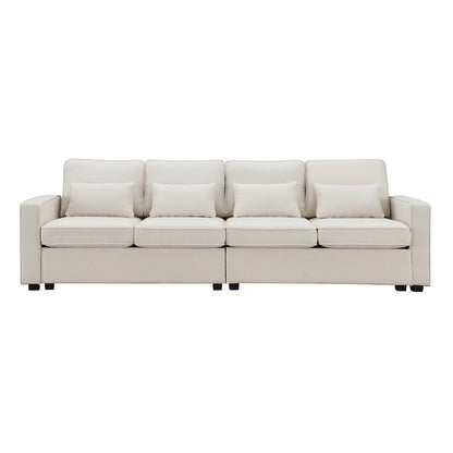 4-Seater Modern Linen Fabric Sofa with Armrest Pockets and 4 Pillows
