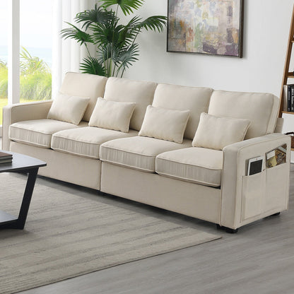 4-Seater Modern Linen Fabric Sofa with Armrest Pockets and 4 Pillows