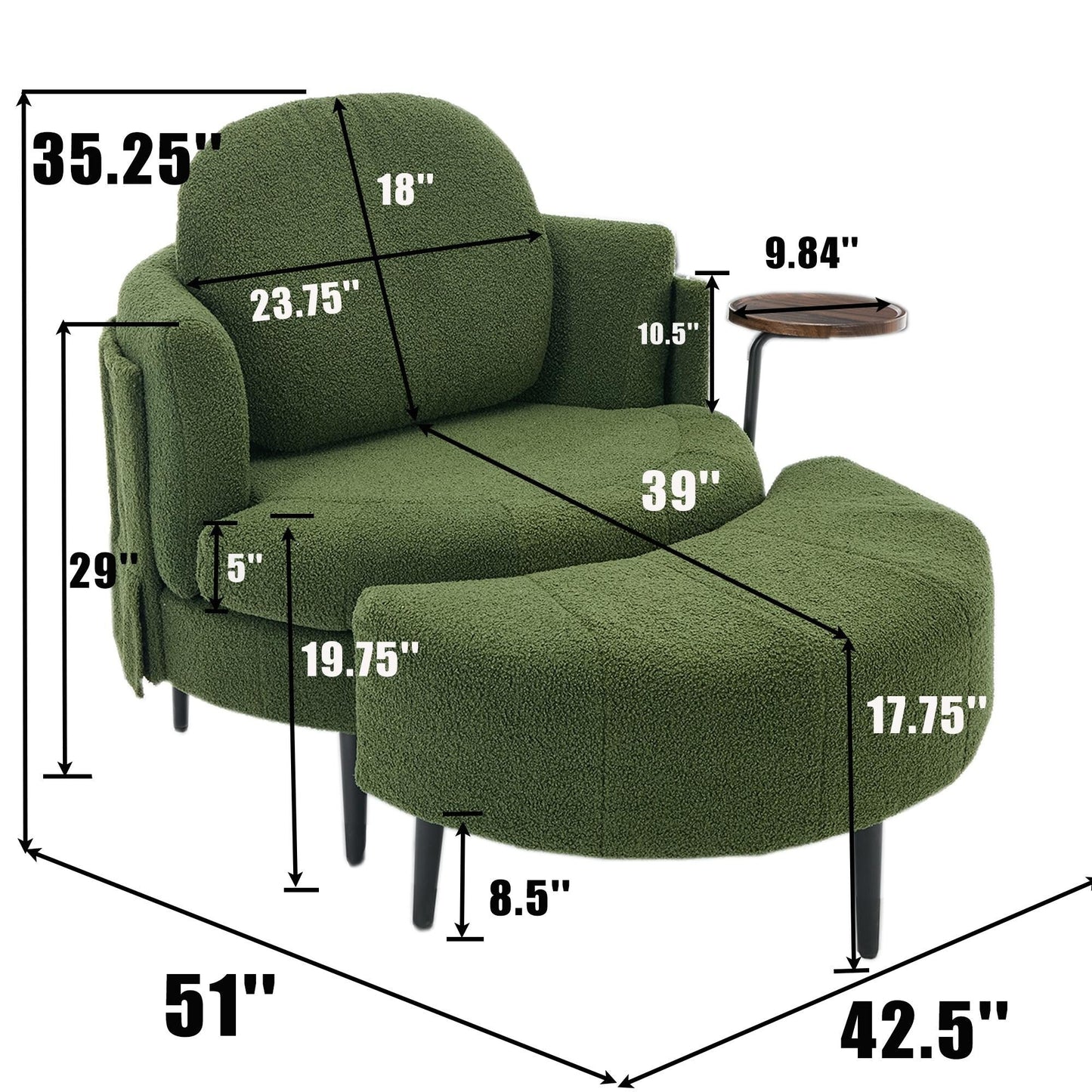 42.5 Single Sofa Chair with Cresent-Shaped Movable Footstool