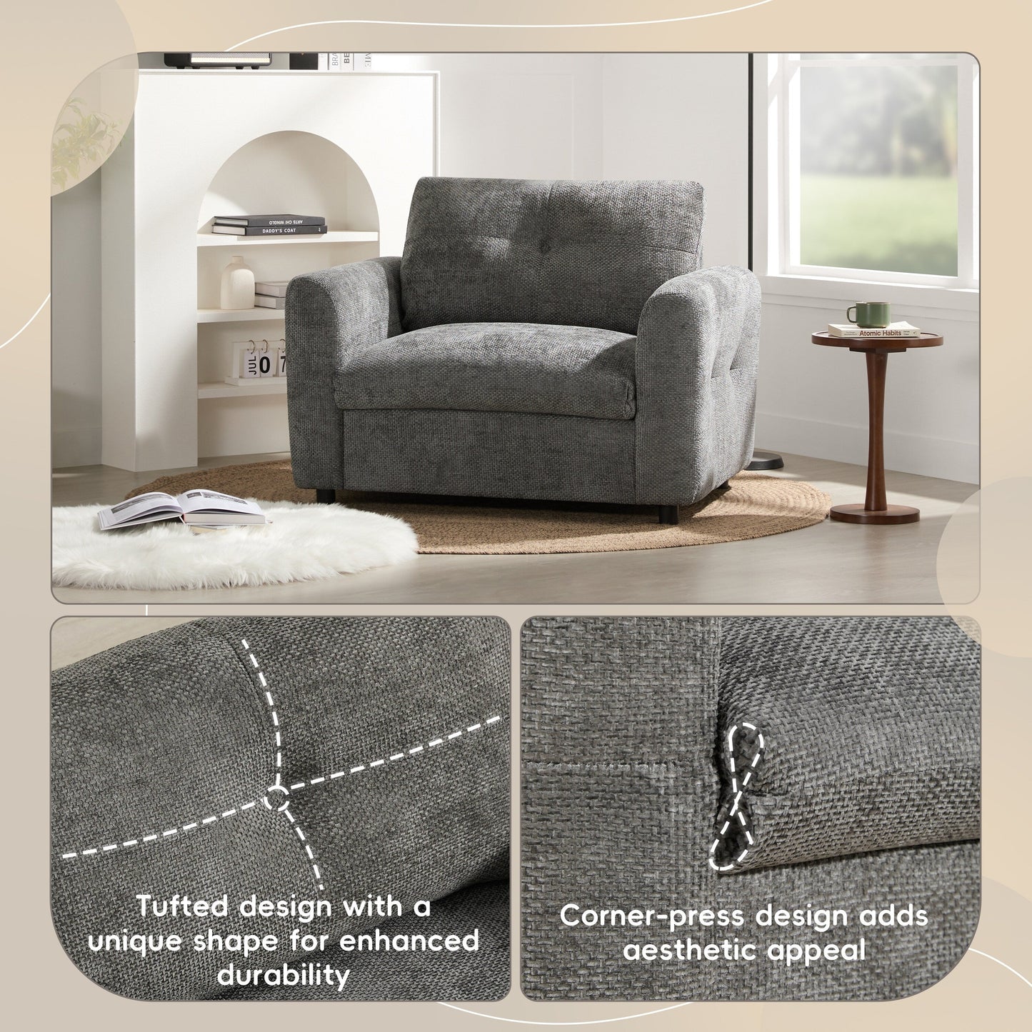 42*33 Single Sofa, Armchair with Wide Seat, Dual-port Charger, Pull-line & Tufted Design, High-density Foam